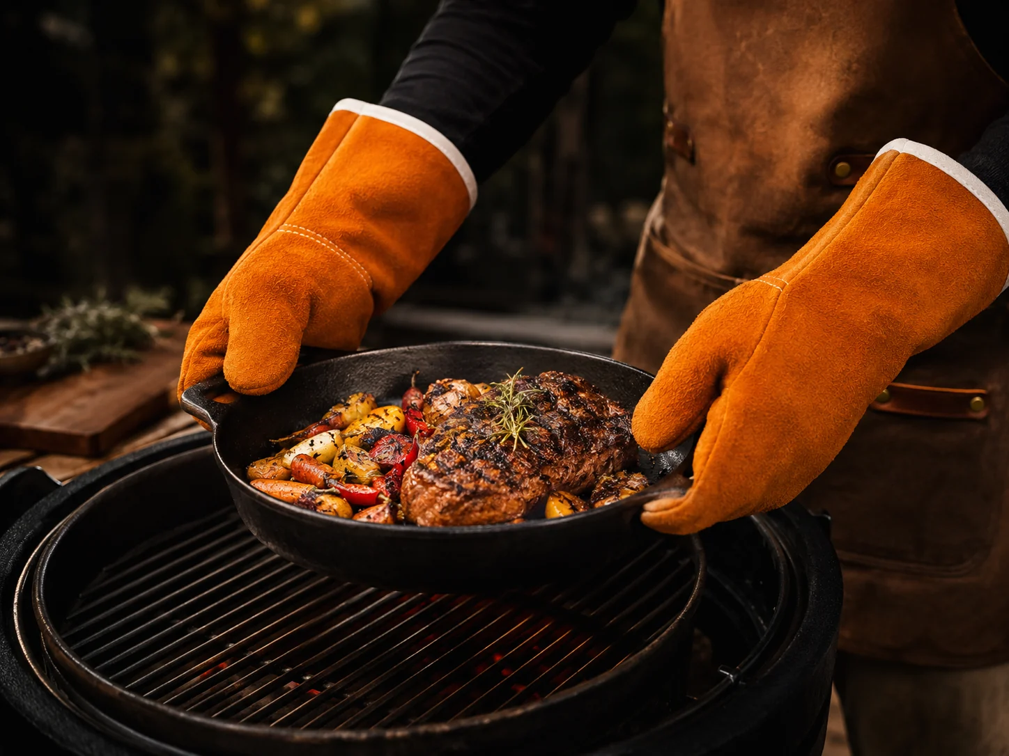 Persona colocando una sartén de hierro en una barbacoa con manoplas largas
