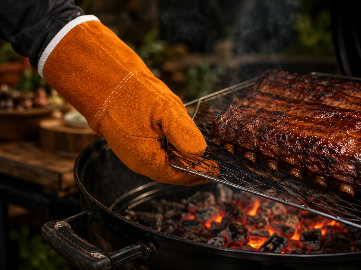Persona con una manopla sujetando una rejilla caliente de una barbacoa