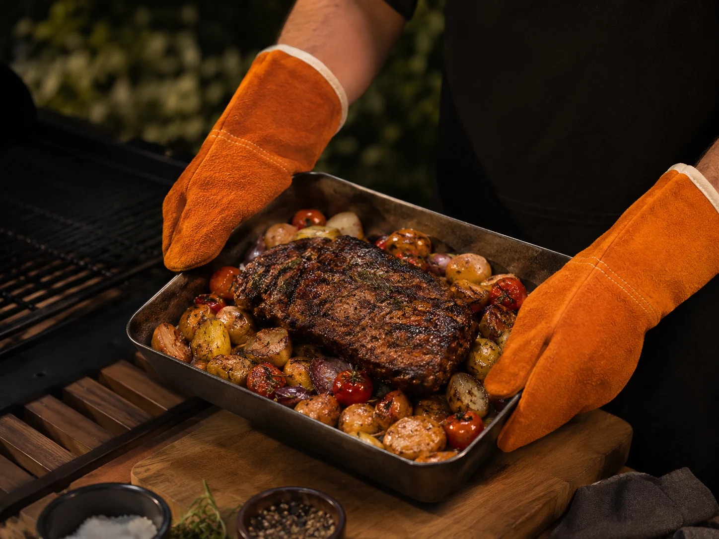 Persona sacando una bandeja caliente de una barbacoa con dos manoplas
