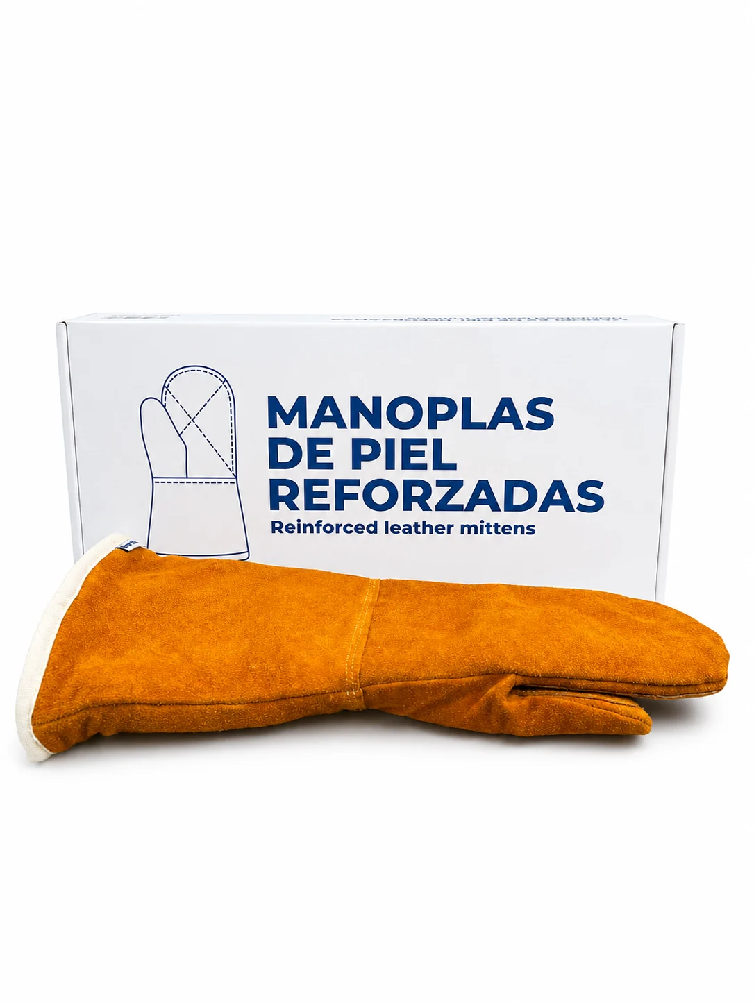 Caja de las manoplas de piel reforzadas junto a una manopla naranja
