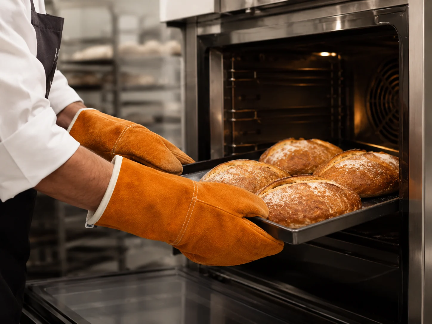 Profesional sacando bandejas de pan de un horno con manoplas de piel